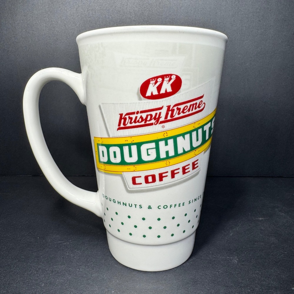 Krispy Kreme Doughnuts Coffee Ceramic Latte Mug Tall White‎ Polka Dot 6 Inch Cup